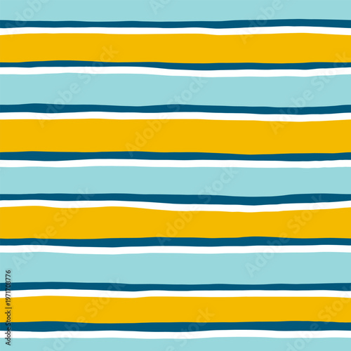 Stripes seamless pattern. Blue and yellow lines print. Watercolor sea stripes hand drown background