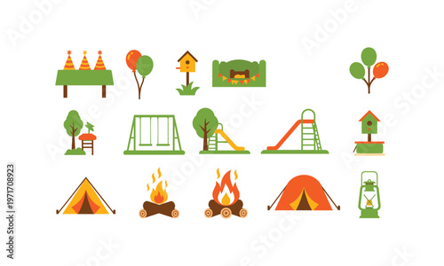 Collection of playful outdoor and camping icons for recreational activities