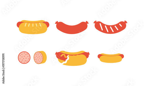 Variations of hot dogs and sausages in a fun and colorful illustration