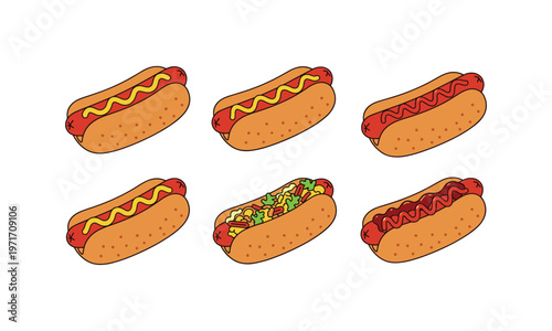 Delicious variety of hot dogs with different toppings in buns