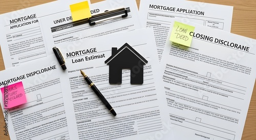 Mortgage Documents Scatter with Small House Model on Desk