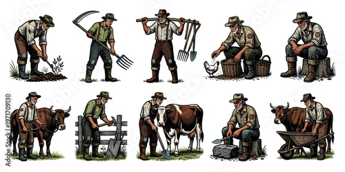Vintage Farmers and Farm Animals Collection with Variety of Agricultural Tasks