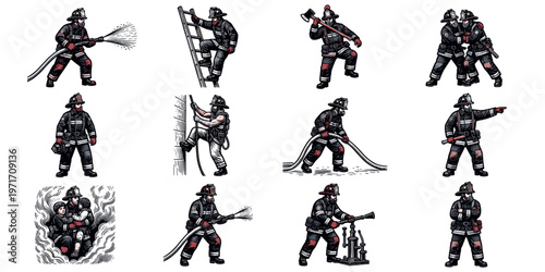 Set of firefighter poses and actions vector illustration emergency hero work