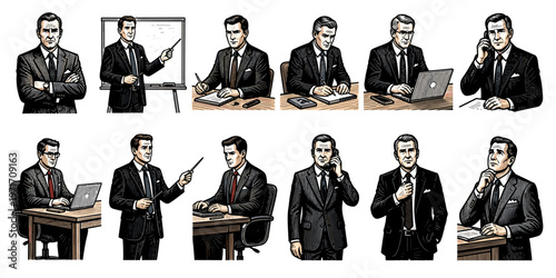 Collage of eleven male professionals engaged in various office tasks and interactions