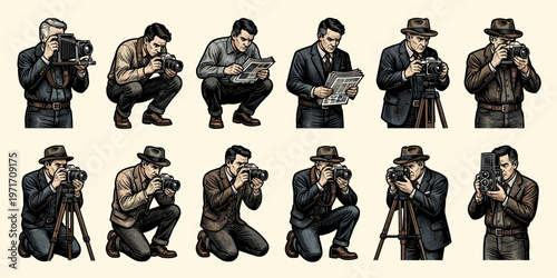 Collage of Vintage Journalists and Photographers with Cameras and Notepads