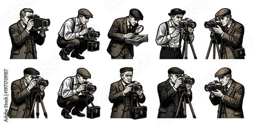 Vintage style illustrations of photographers capture moments with classic cameras at work