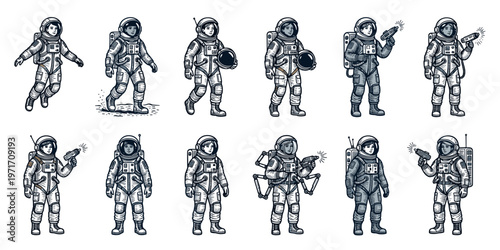 Astronaut in various poses and situations hand drawn outer space exploration set