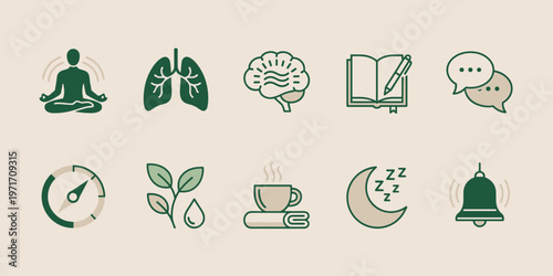 Wellness and health icons set simple green mental and body care symbols