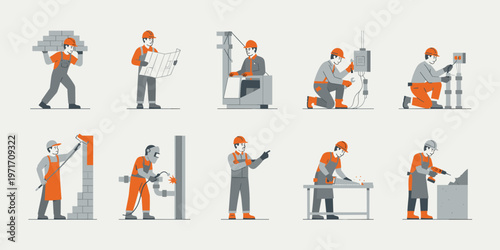 Construction workers set simple color building and repair scenes