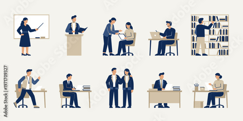 Education and teaching people set simple classroom and study scenes