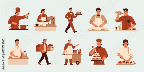Chef and food service people set simple color cooking scenes
