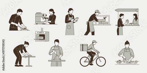 Chef and cooking activities set simple color culinary preparation scenes