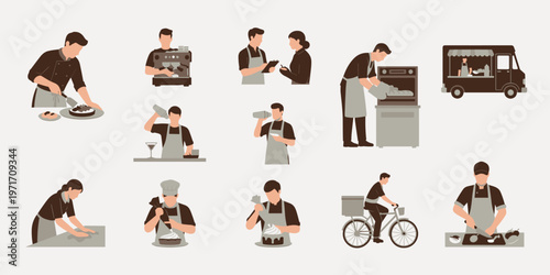 Food service and kitchen people set simple cooking and delivery scenes