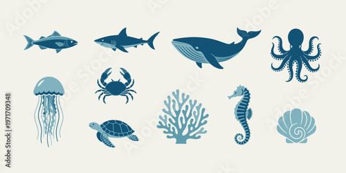 Marine animals icons set simple blue sea life symbols