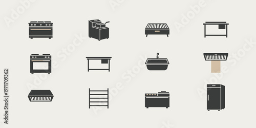Commercial kitchen appliances icons set simple black cooking symbols