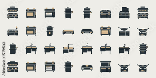 Commercial kitchen equipment icons set simple color cooking symbols