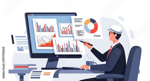 Professional Analyst in Modern Office Analyzing Data Charts on Large Monitor