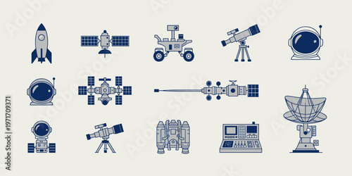 Space technology icons set simple color satellite and exploration symbols