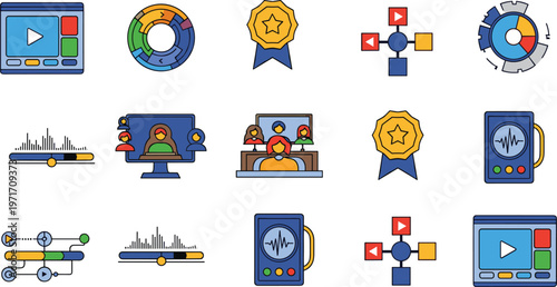 Media Production Flat Icons Set with Video Editing Audio Control Award Badge and Content Elements