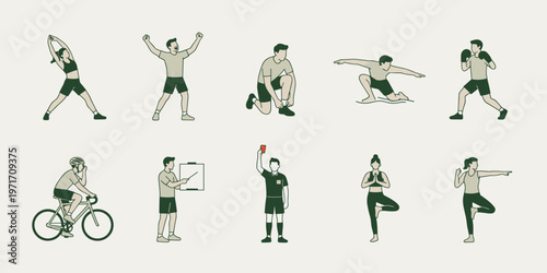 People doing fitness and sports activities set simple color characters