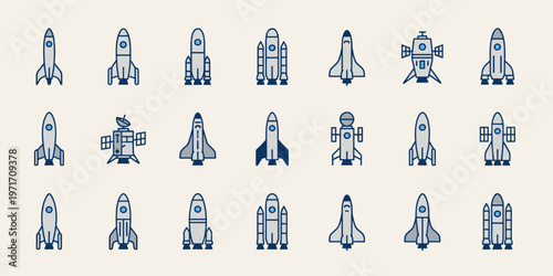 Rocket and space icons set simple color spaceship symbols