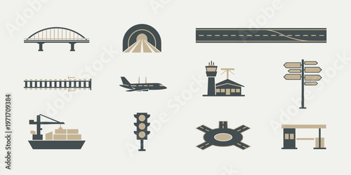 Transport infrastructure icons set simple color road and travel symbols