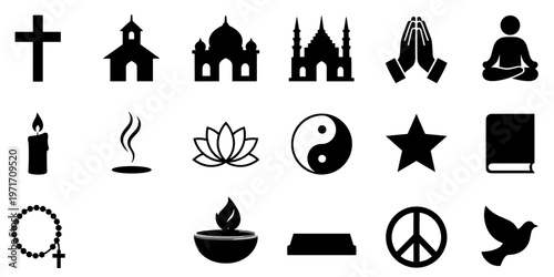 Various religious and spiritual symbols in a collection of black icons