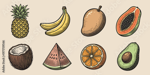 Vibrant illustration of various tropical fruits perfect for health and food themes