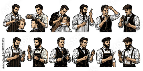 Barber Shop Collection: Vintage Hairstyling and Grooming Illustrations with Barbers