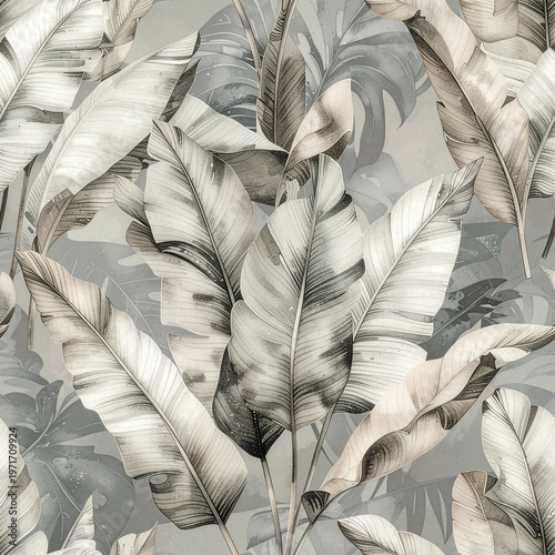 Seamless Tropical Banana Leaf Pattern in Monochromatic Watercolor Style