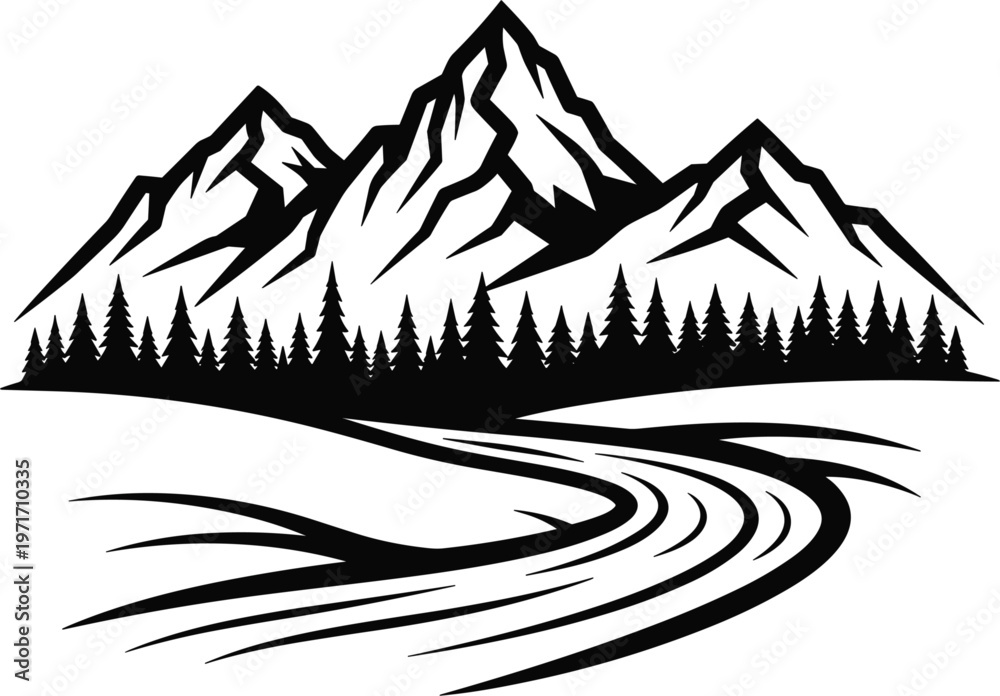 Fototapeta premium Mountain Landscape with Pine Trees and Winding Road for Nature, Outdoor Adventure, and Scenic Graphic Designs.