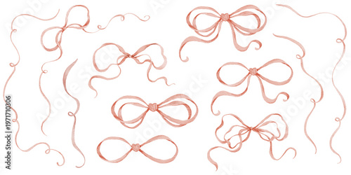 Schilderij op canvas Watercolor ribbon bows painted in soft pink tones
