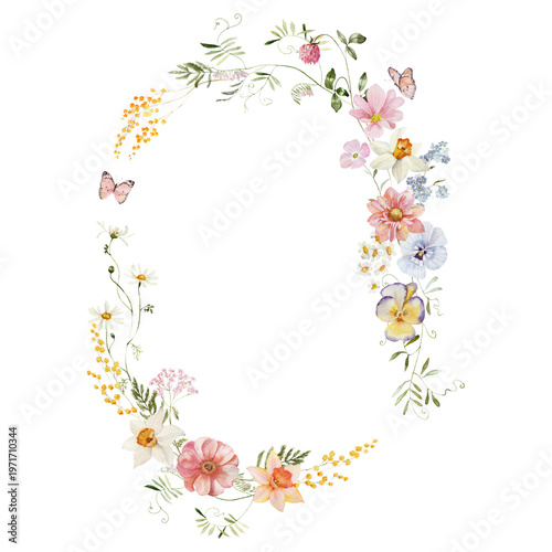 Spring wreath. Watercolor colorful wildflower floral clipart - flower meadow green red yellow herbs leaves. Wedding invitation, fashion, background, textile. Peony, rose, shamrock, chamomile, ivy