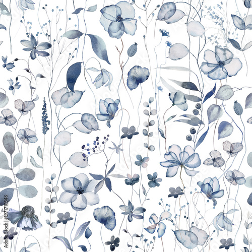 Floral seamless pattern with delicate blue meadow flowers, plants and leaves, watercolor illustration on white background, print for textile, wallpapers, texture, wedding stationery invitations.