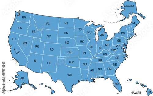 USA Map with State Abbreviations and Territories in Blue, Featuring Alaska and Hawaii for Educational, Geographic, and Travel Graphics.