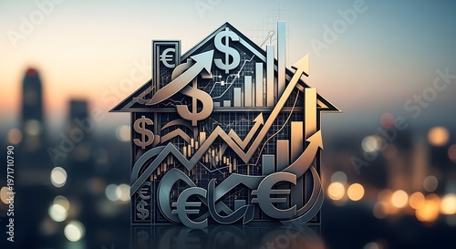 Financial Growth House Structure with Arrows and Currency Symbols