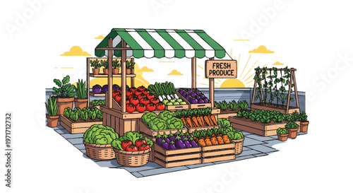 Vibrant outdoor fresh produce market stand with green striped awning