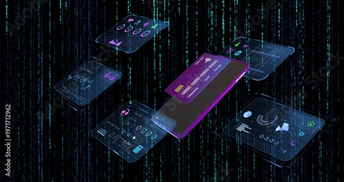Floating purple phone showing digital card chip or contactless in cyberspace, hologram, security ico