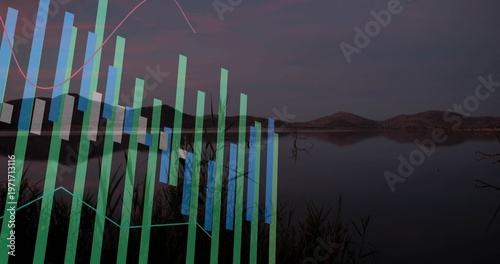 Showing translucent bar chart and line graphs overlaying calm lake at dusk, reflecting reeds, snags