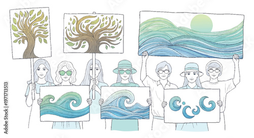 People holding signs with ocean and tree illustrations for environmental conservation