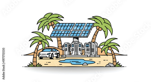 Eco-friendly beach house with solar panels and electric car