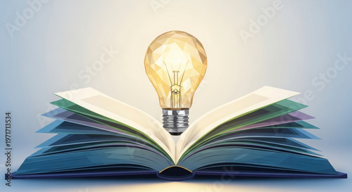 Open book with glowing lightbulb idea concept