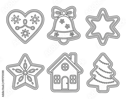 Black and White Christmas Cookie Cutters: Heart, Bell, Stars, House, Tree