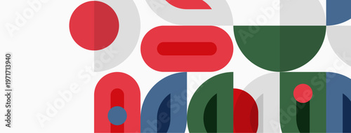 Abstract shapes overlap, creating playful composition. Red, green, blue hues dominate white background. Modern design elements present.