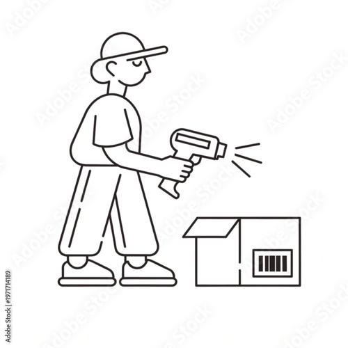 Warehouse worker in a cap scanning a cardboard box with a handheld barcode reader line art Vector, illustration