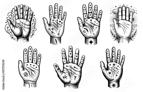 Palmistry hand chart set, chiromancy symbols, mystical destiny lines, occult hand reading icons, spiritual alchemy sketches, vintage esoteric vector illustrations