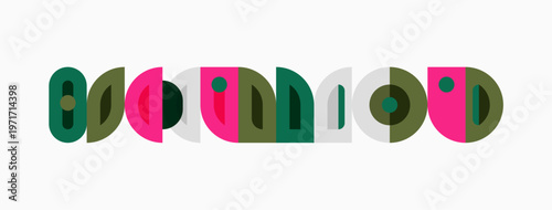 Colorful abstract shapes form word mood. Green, pink, black, red hues present simple design. Minimalist aesthetic, clean lines visible.