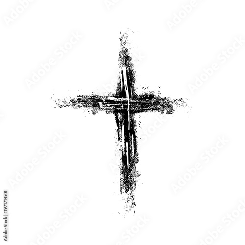 Hand drawn black grunge cross icon, simple Christian cross sign, hand-painted cross symbol created with real ink brush isolated on white background.