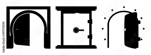 Bank vault security door set with a solid black icon featuring a round shape, metal elements, and strong construction with safety and protection