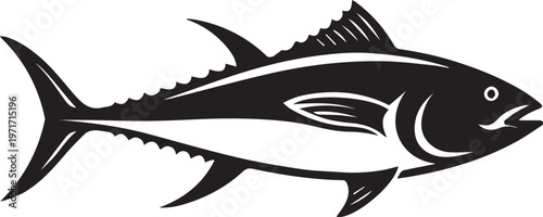Black silhouette of a tuna fish swimming with sea life